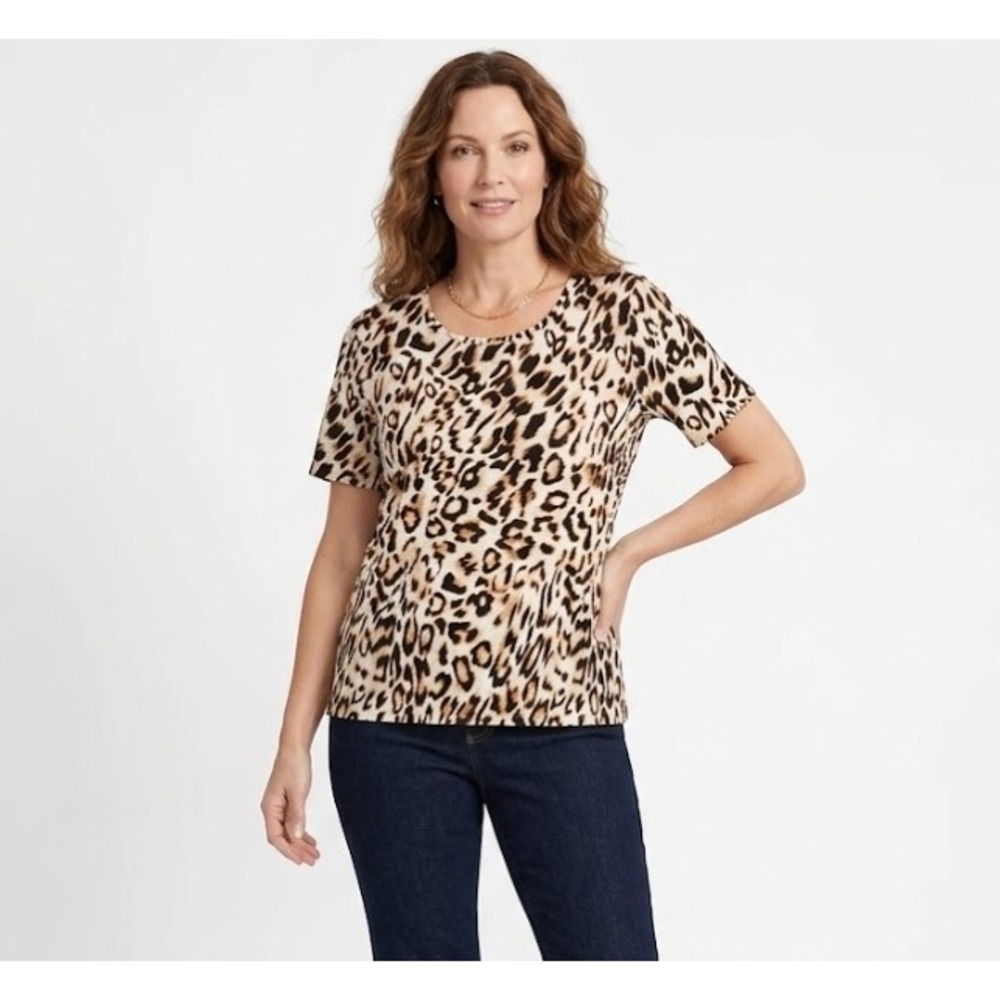 New Chico's Cotton Slub Button Back Stretch Knit Leopard Print Top Large/2